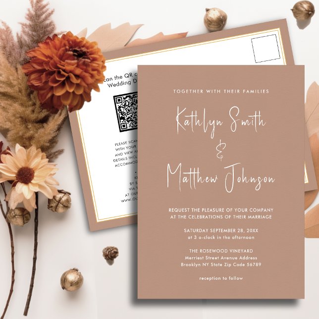 Clay QR Code All In One Modern Script Chic Wedding Invitation Postcard (Creator Uploaded)