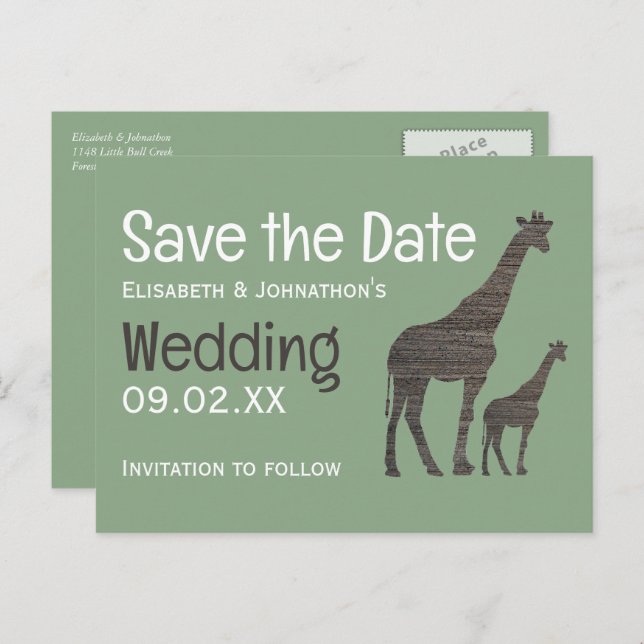 Clay Safari Giraffe, Rustic Wedding Save the Date Postcard (Front/Back)