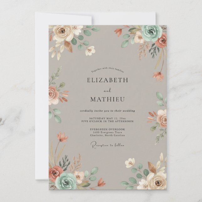 Clay Taupe Peony Wedding Invitation (Front)