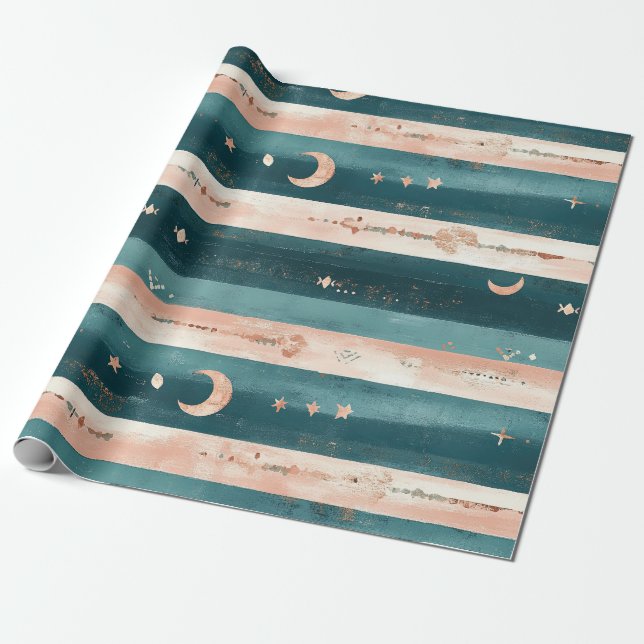 Clay & Teal Tribal Stars and Moon Stripe Wrapping Paper (Unrolled)