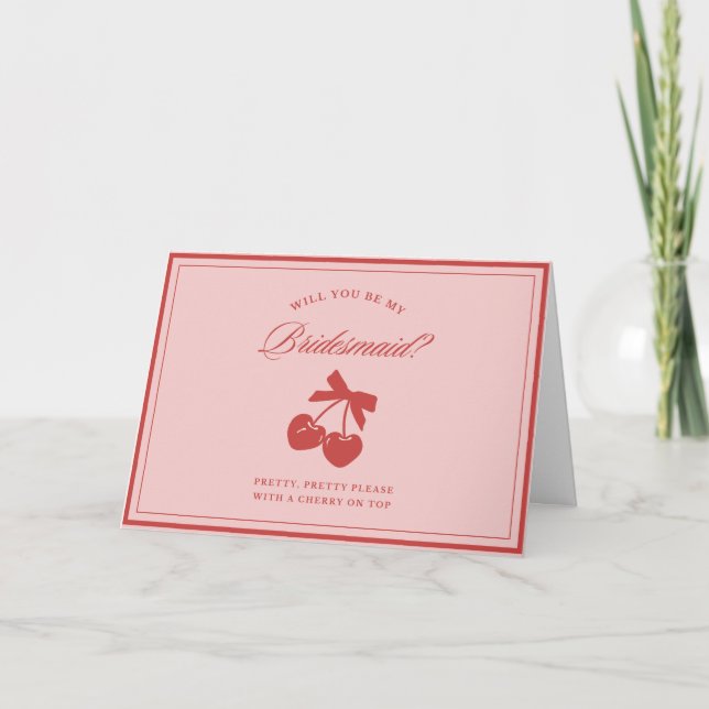 Clean Aesthetic Bow & Cherry Bridesmaid Proposal  Card (Front)