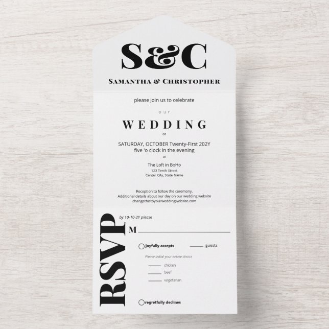 Clean and Bold Ampersand Monogram Black and White All In One Invitation (Inside)