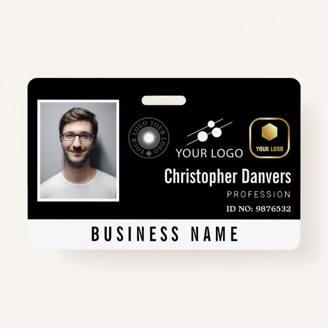 Clean Black Add 3 Logos Office Employee ID Badge (Front)
