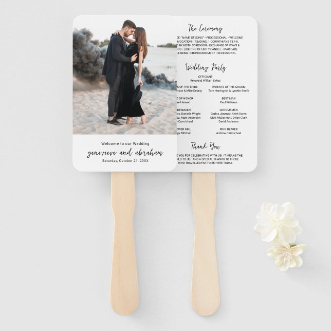 Clean Black and White Photo Modern Wedding Program Hand Fan (Front and Back)