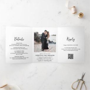 Clean Black and White Photo QR Code Modern Wedding Tri-Fold Invitation