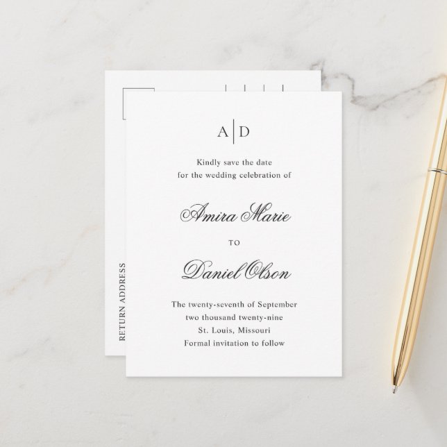 Clean Black and White Wedding Save the Date Announcement Postcard (Front/Back In Situ)