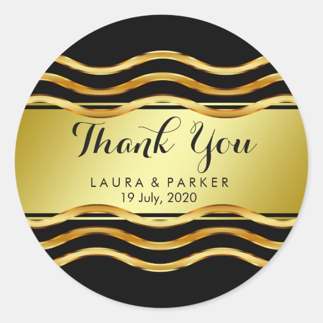Clean Black Gold Curved Thank You Wedding Classic Round Sticker (Front)
