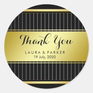 Clean Black Gold Striped Thank You Wedding Classic Round Sticker
