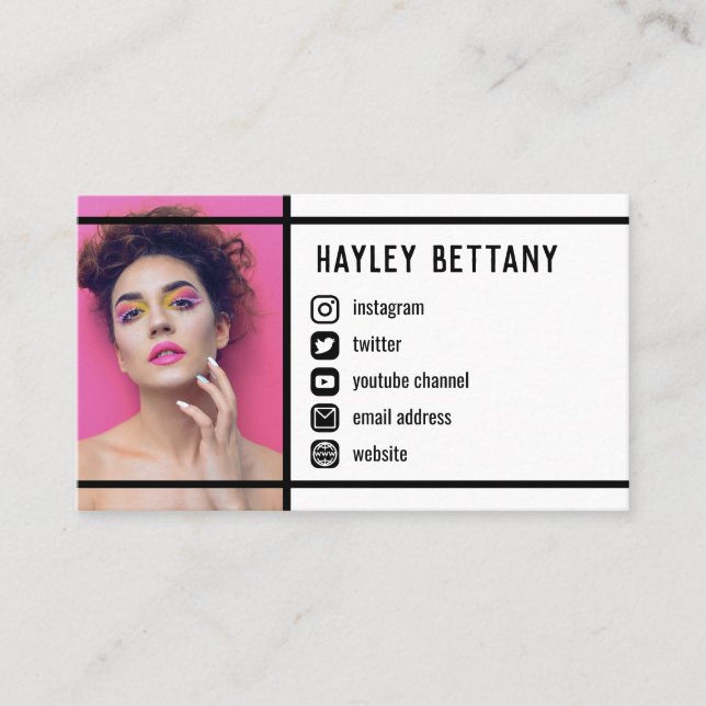Clean Black Lines Social Media Icons Photo Business Card (Front)