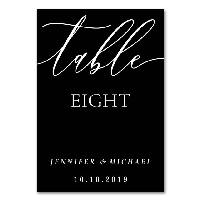 Clean Black Modern Minimalist Calligraphy Seating Table Number (Front)