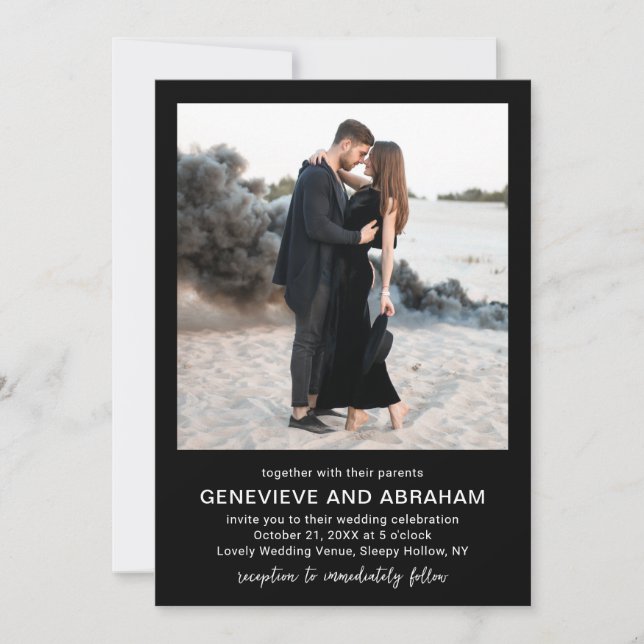Clean Black Photo QR Code Modern Wedding Invitation (Front)