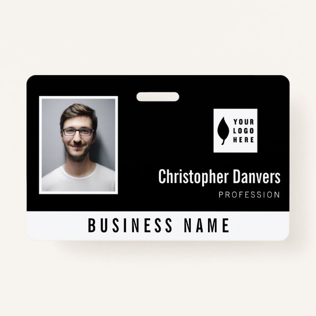 Clean Black White Add Your Logo Office Employee ID Badge (Front)