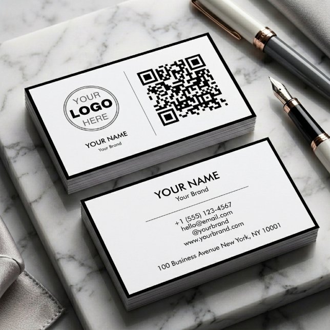 Clean Black White Minimalist QR Code Logo Business Card (Modern Minimalist Black & White QR Code Business Card)