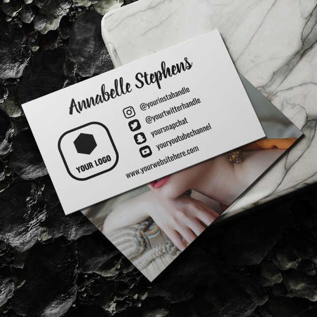 Clean Black White Social Media Icons Photo & Logo Business Card (Creator Uploaded)