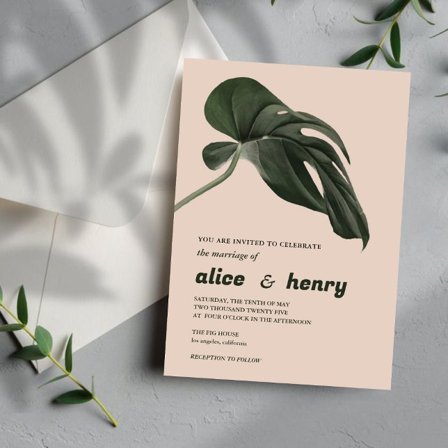 Clean Blush Pink & Green philodendron leaf Wedding Invitation (Creator Uploaded)