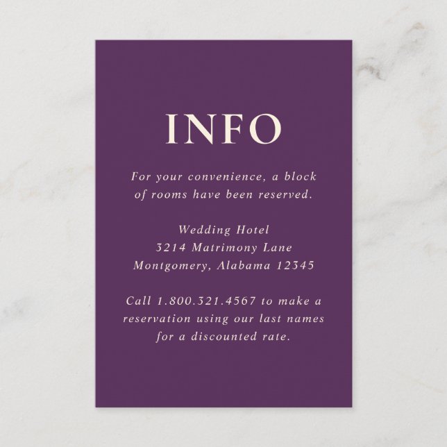 Clean Bold Fonts Purple Modern Wedding Enclosure Card (Front)