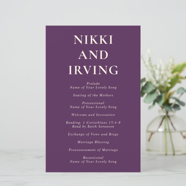 Clean Bold Fonts Purple Modern Wedding Program (Standing Front)