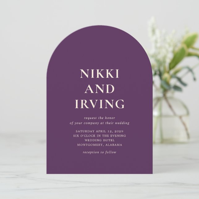 Clean Bold Fonts Purple QR Code Modern Wedding Invitation (Standing Front)