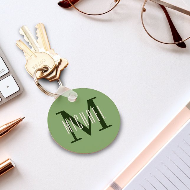 Clean Bold Monogram Initial & First Name Green Key Ring (Creator Uploaded)