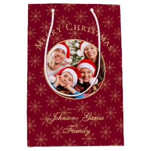 Clean Burgundy Gold Snowflakes Christmas Medium Gift Bag
