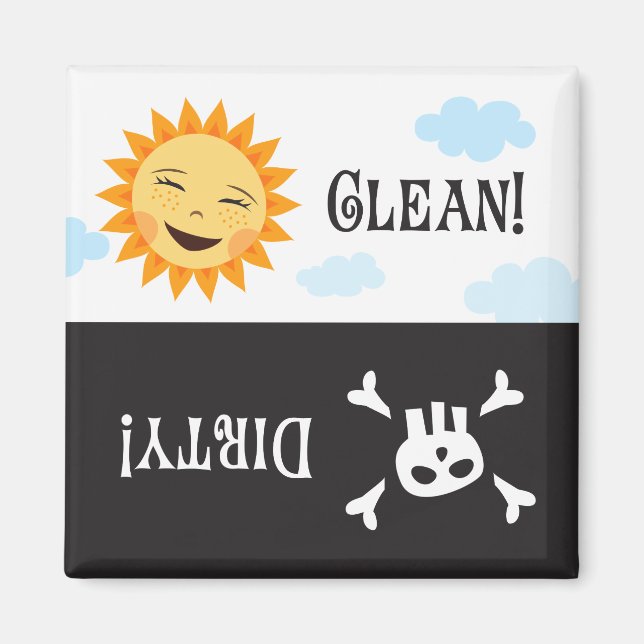 Clean dirty dishwasher magnet with sun and skull (Front)