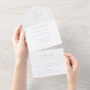 Clean Dusty Blue Botanical Elegant Wedding All In One Invitation