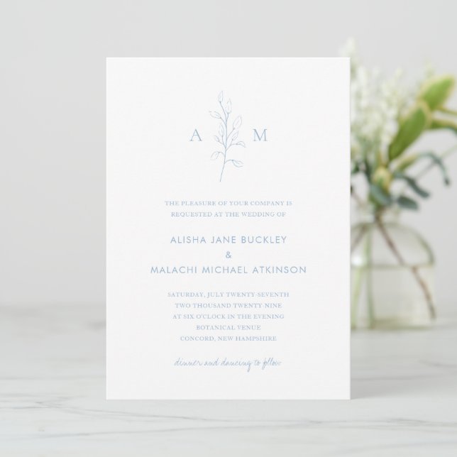 Clean Dusty Blue Botanical Elegant Wedding Invitation (Standing Front)