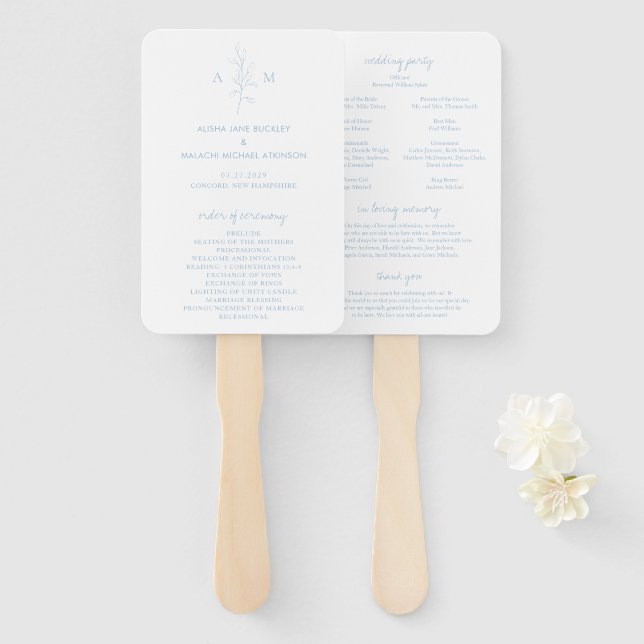 Clean Dusty Blue Botanical Elegant Wedding Program Hand Fan (Front and Back)