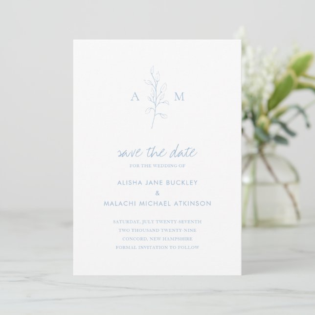 Clean Dusty Blue Botanical Photo Elegant Wedding Save The Date (Standing Front)