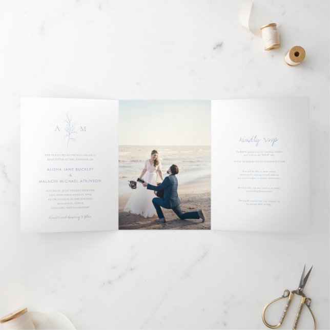 Clean Dusty Blue Botanical Photo Elegant Wedding Tri-Fold Invitation (Inside)