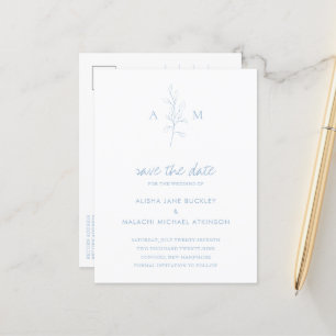 Clean Dusty Blue Botanical Wedding Save the Date Announcement Postcard