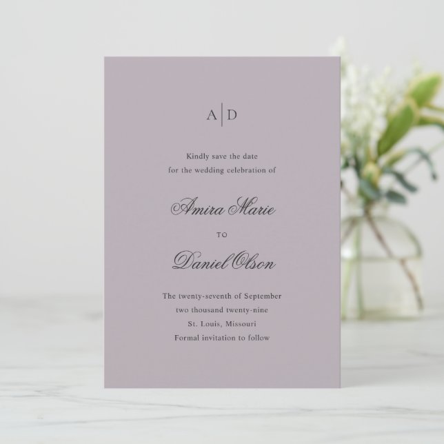 Clean Dusty Lilac Classic Wedding Save The Date (Standing Front)