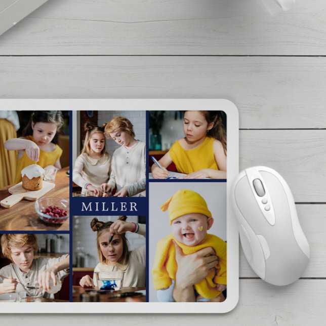Clean Elegant Navy Blue Family 6 Photo Collage Mouse Pad (Creator Uploaded)