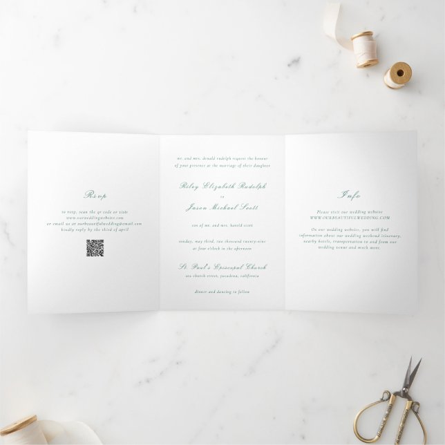 Clean Emerald Green QR Code Elegant Wedding Tri-Fold Invitation (Inside)