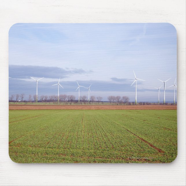 Clean energy by many wind turbines on fields. mouse pad (Front)