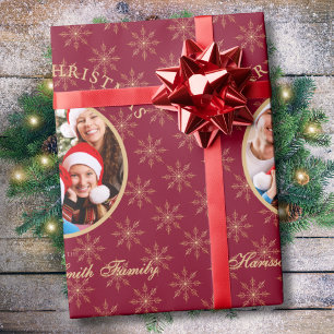 Clean Forest Burgundy Gold Snowflakes Christmas Wrapping Paper