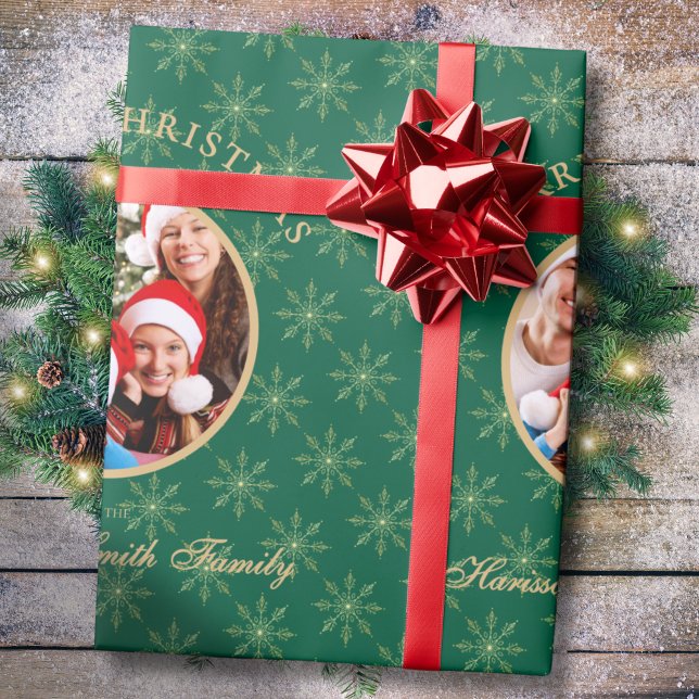 Clean Forest Green Gold Snowflakes Christmas  Wrapping Paper (Creator Uploaded)