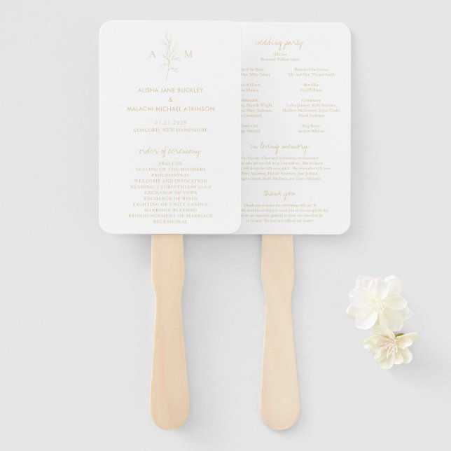 Clean Gold Botanical Elegant Wedding Program Hand Fan (Front and Back)