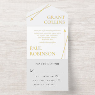 Clean Gray White Gold Arrow Minimalist Wedding All In One Invitation