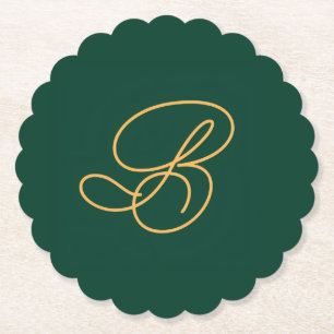 Clean Green & Gold Monogram Initial Paper Coaster