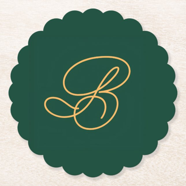 Clean Green & Gold Monogram Initial  Paper Coaster (Front)