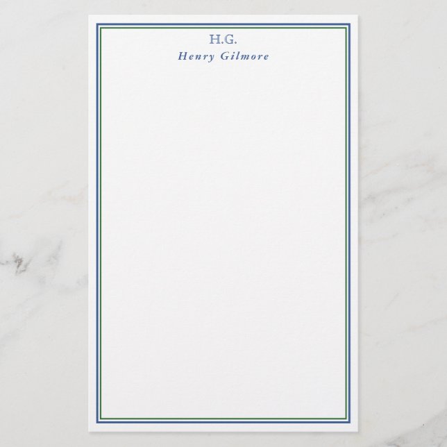 Clean Green Navy Blue Monogrammed Stationery (Front)