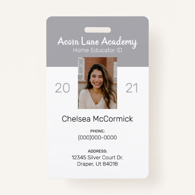 Clean Grey Homeschool Educator ID Badge (Front)
