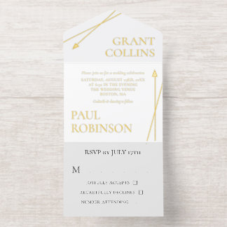 Clean Grey White Gold Arrow Minimalist Wedding All In One Invitation