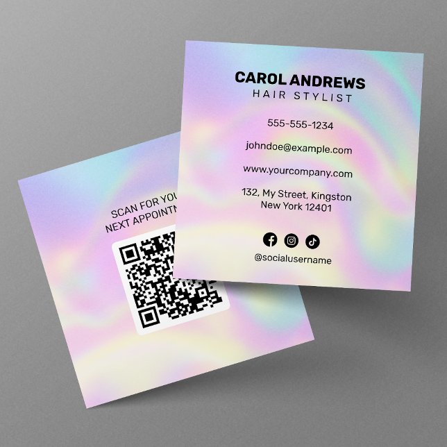 Clean Holographic Hair Stylist Appointment QR Code Square Business Card (Creator Uploaded)