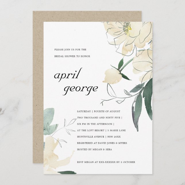 CLEAN IVORY GREEN FLORAL BRIDAL SHOWER INVITE (Front/Back)