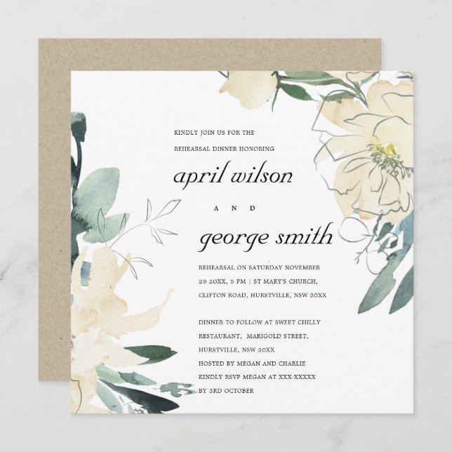 CLEAN IVORY GREEN FLORAL REHEARSAL DINNER INVITE (Front/Back)
