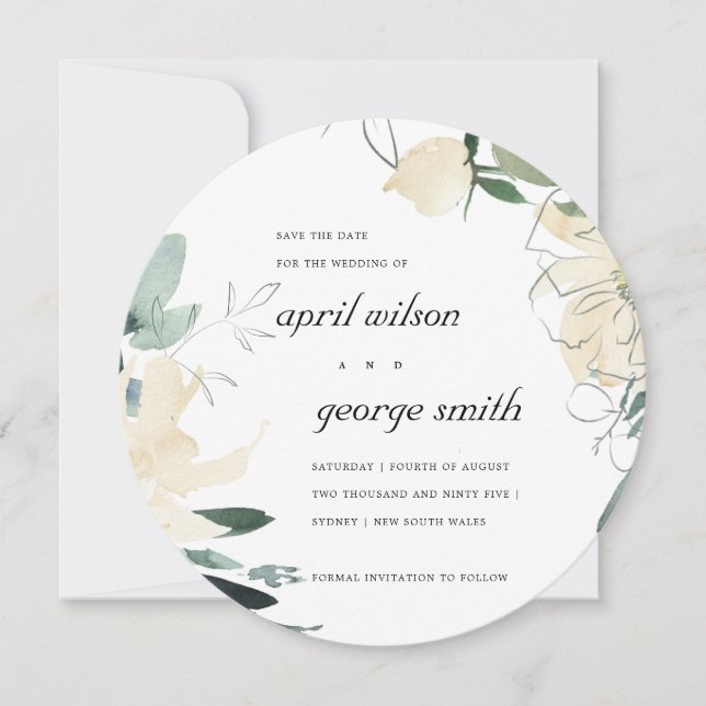 CLEAN IVORY WHITE GREEN FLORAL SAVE THE DATE CARD (Front)
