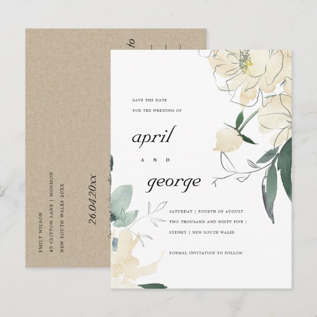 CLEAN IVORY WHITE GREEN FLORAL SAVE THE DATE CARD (Front/Back)