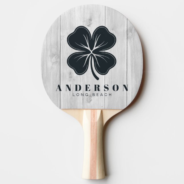 Clean Light Grey Wooden Four Leaf Clover with Name Ping Pong Paddle (Back)